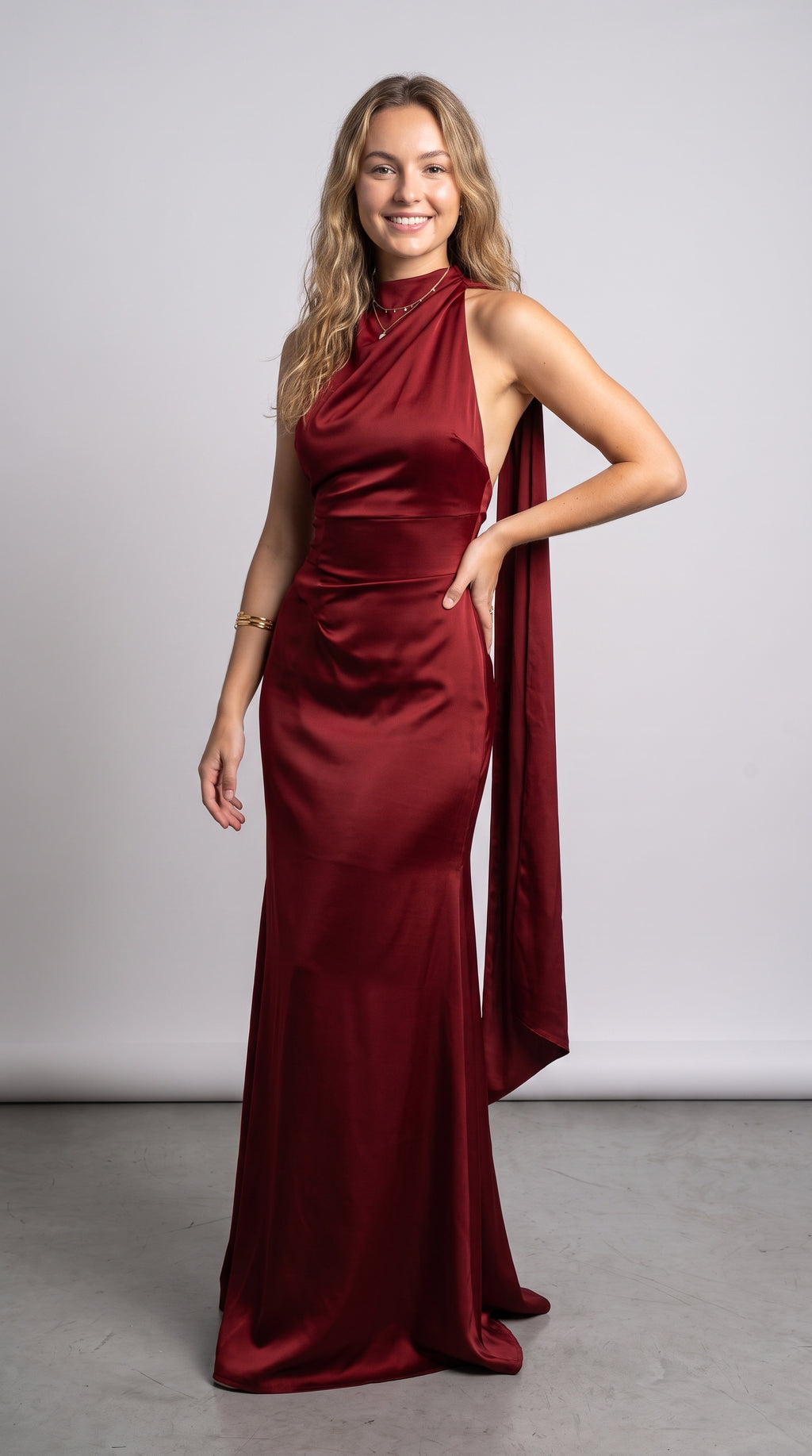 Elegant Burgundy Satin Evening Maxi Dress