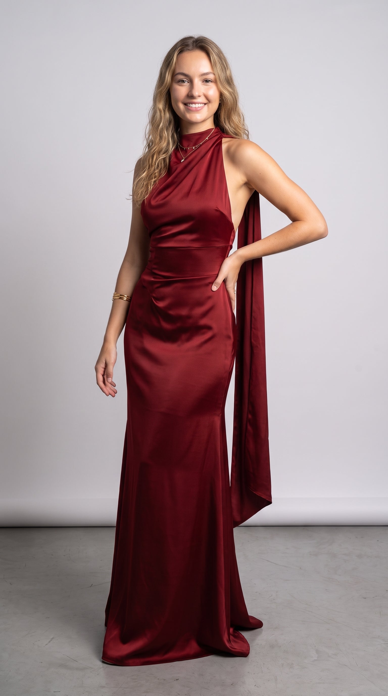 Elegant Burgundy Satin Evening Maxi Dress