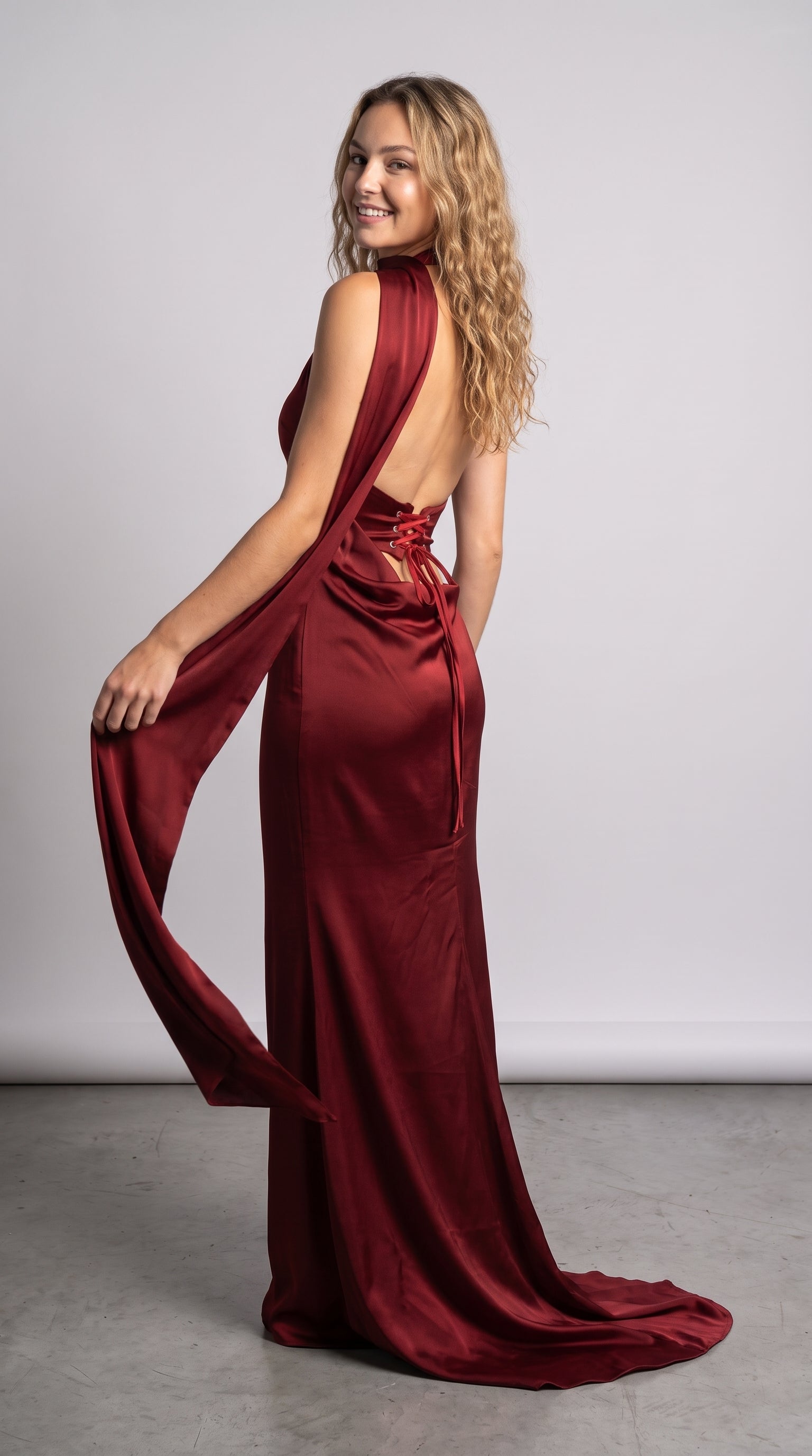 Elegant Burgundy Satin Evening Maxi Dress