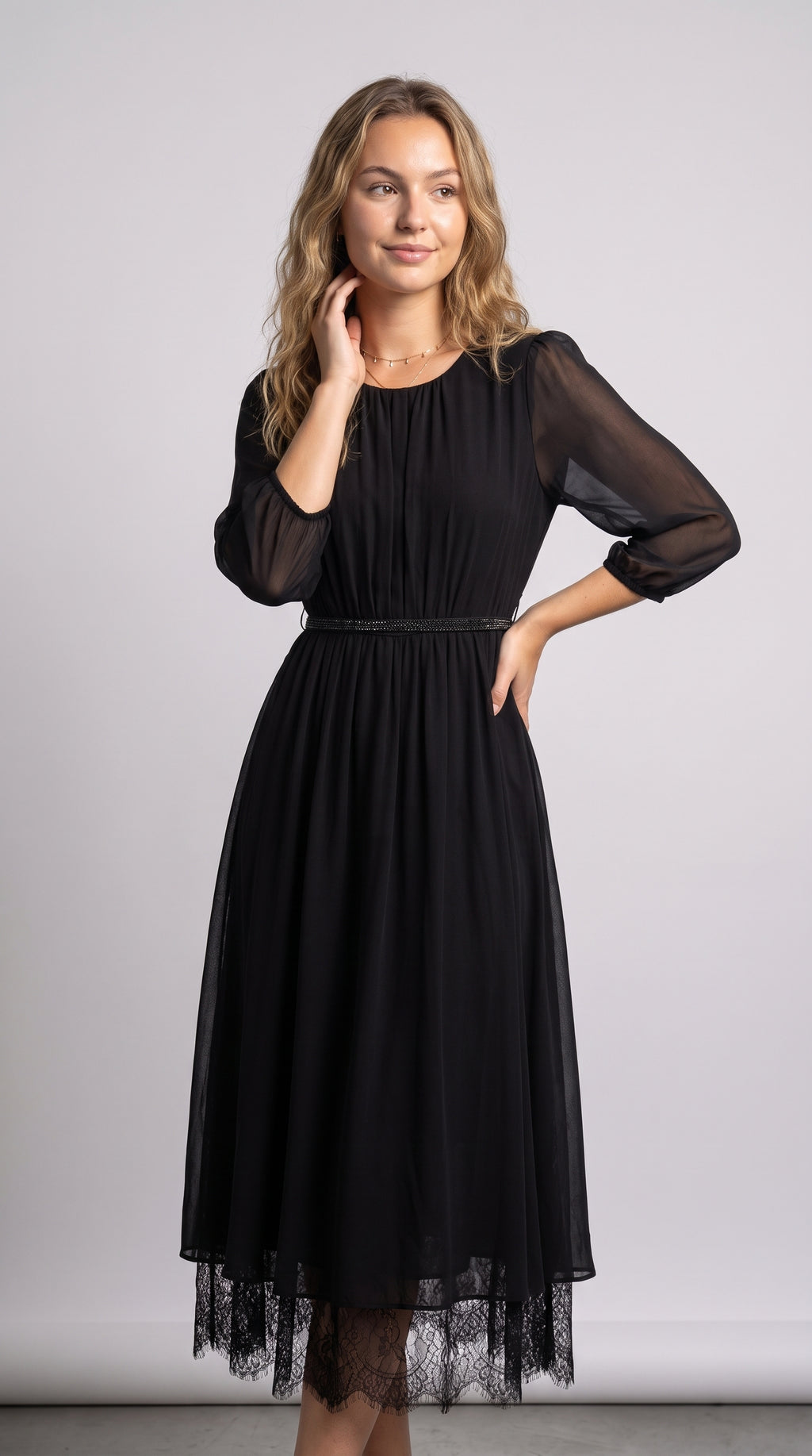 Elegant Sheer Sleeve Midi Dress